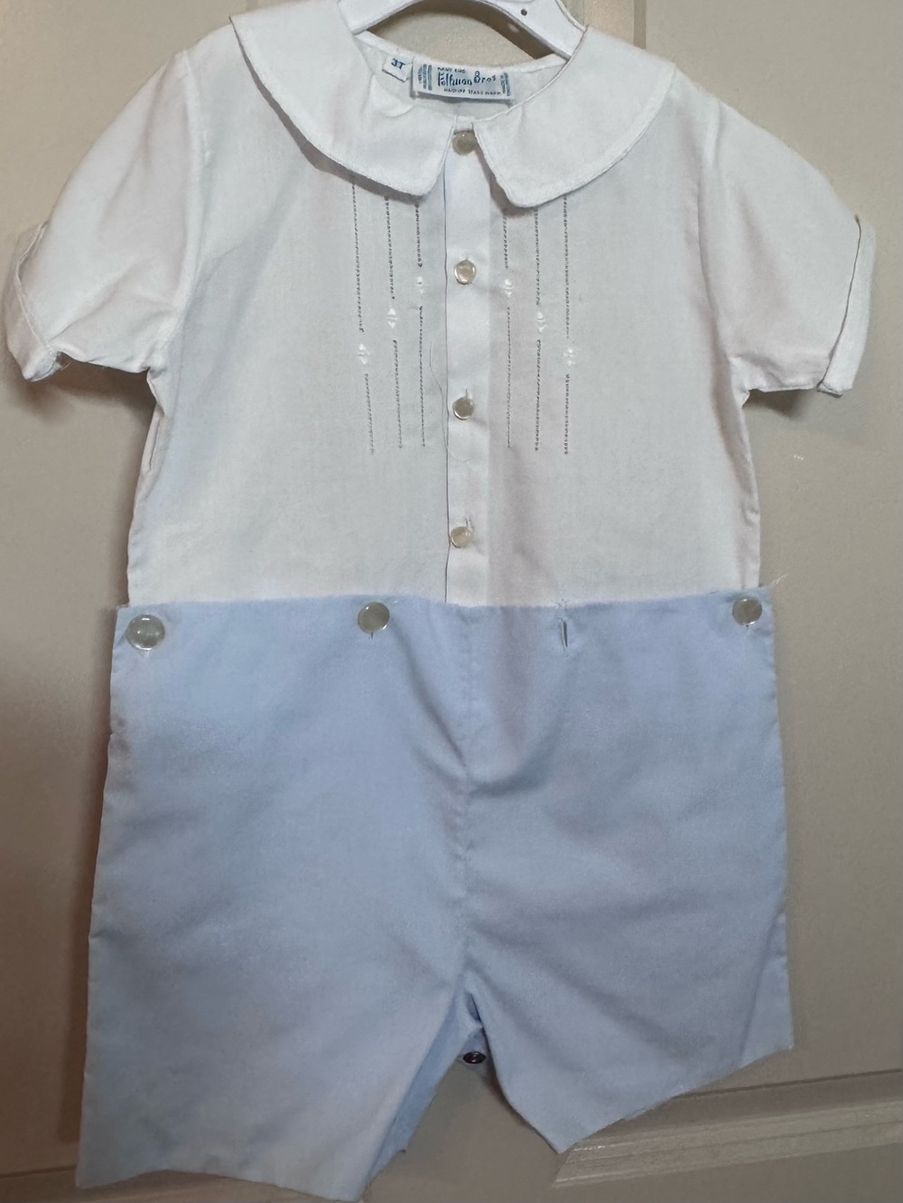 White & Light Blue Baby Boys' Romper with Pintuck Detail